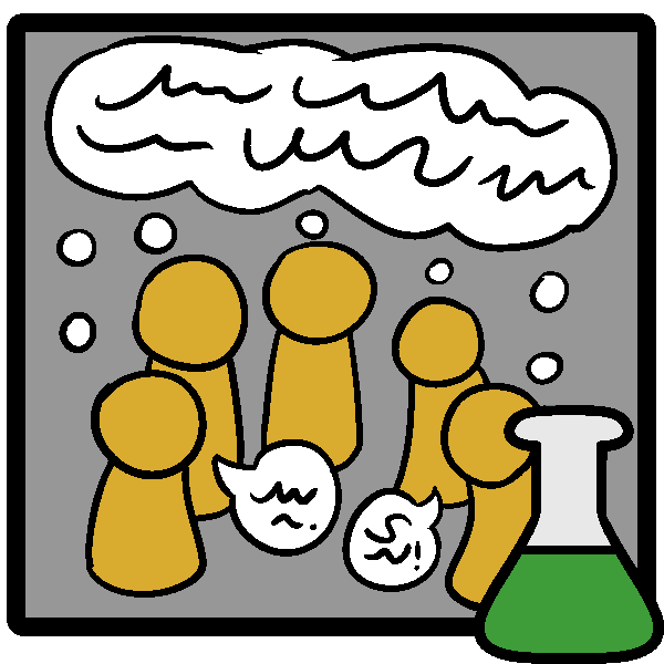 Five orange figures in a semicircle, two with speech bubbles, who share one large thought bubble in a frame with a green beaker in the corner.